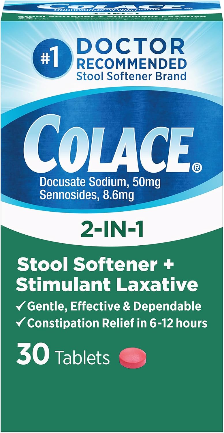 COLACE 2-In-1 Stool Softener & Stimulant Laxative Tablets, Gentle Constipation Relief in 6-12 Hours, 30 Count - Image 1
